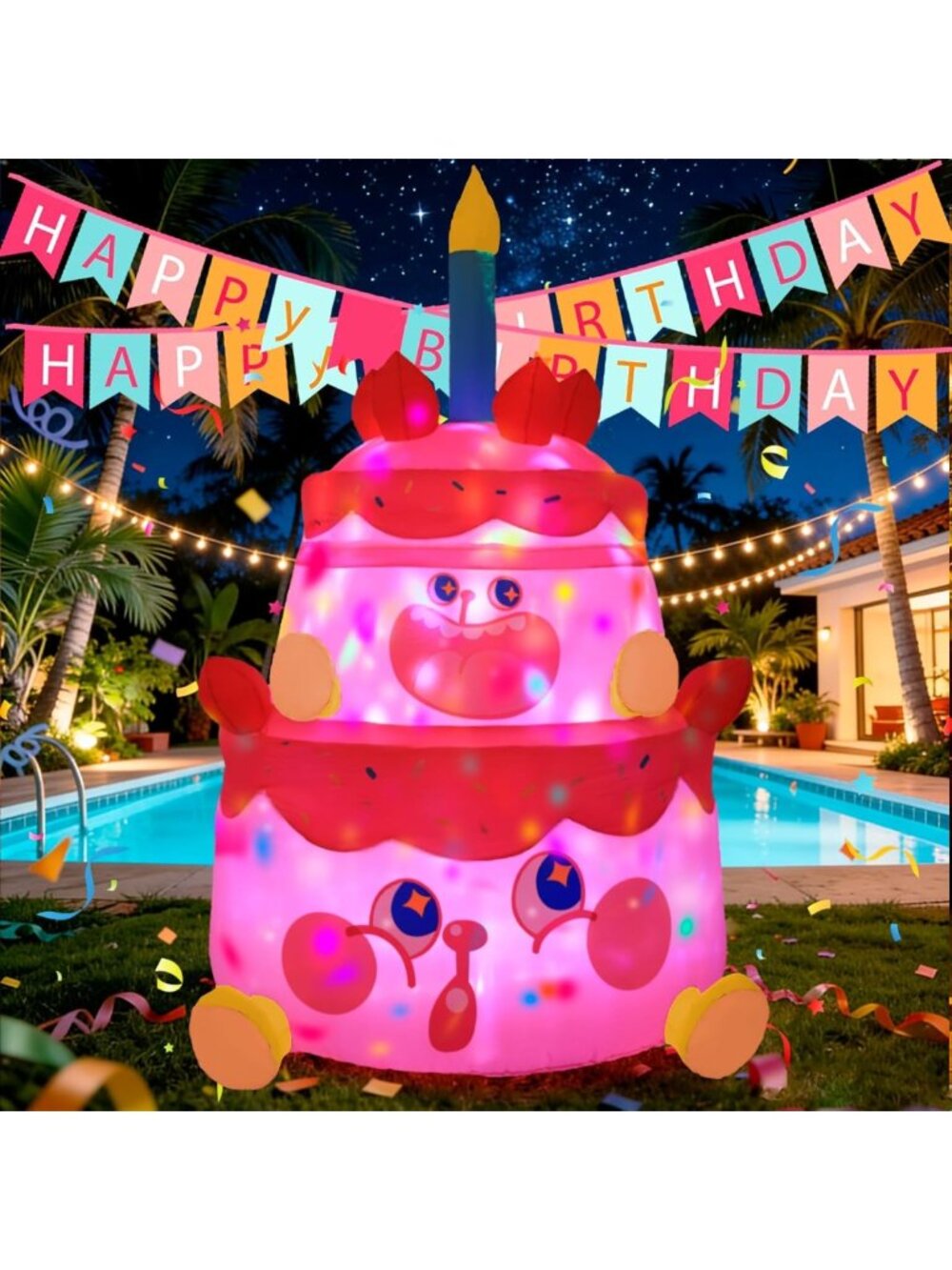 6FT Pink Inflatable Birthday Cake with LED Lights - Waterproof Yard Decor for